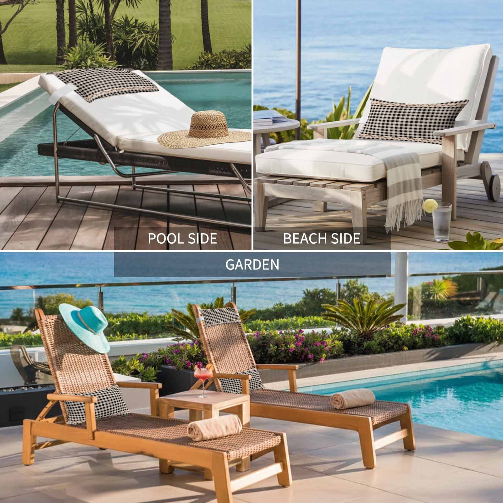 Country Black Buffalo Plaid Outdoor Chaise Lounge Pillows Retro Star Berries Vine Linen Texture Lumbar Pillows with Insert Adjustable Elastic Strap Headrest Pillow for Recliner 2 Pack 12x20 Inch