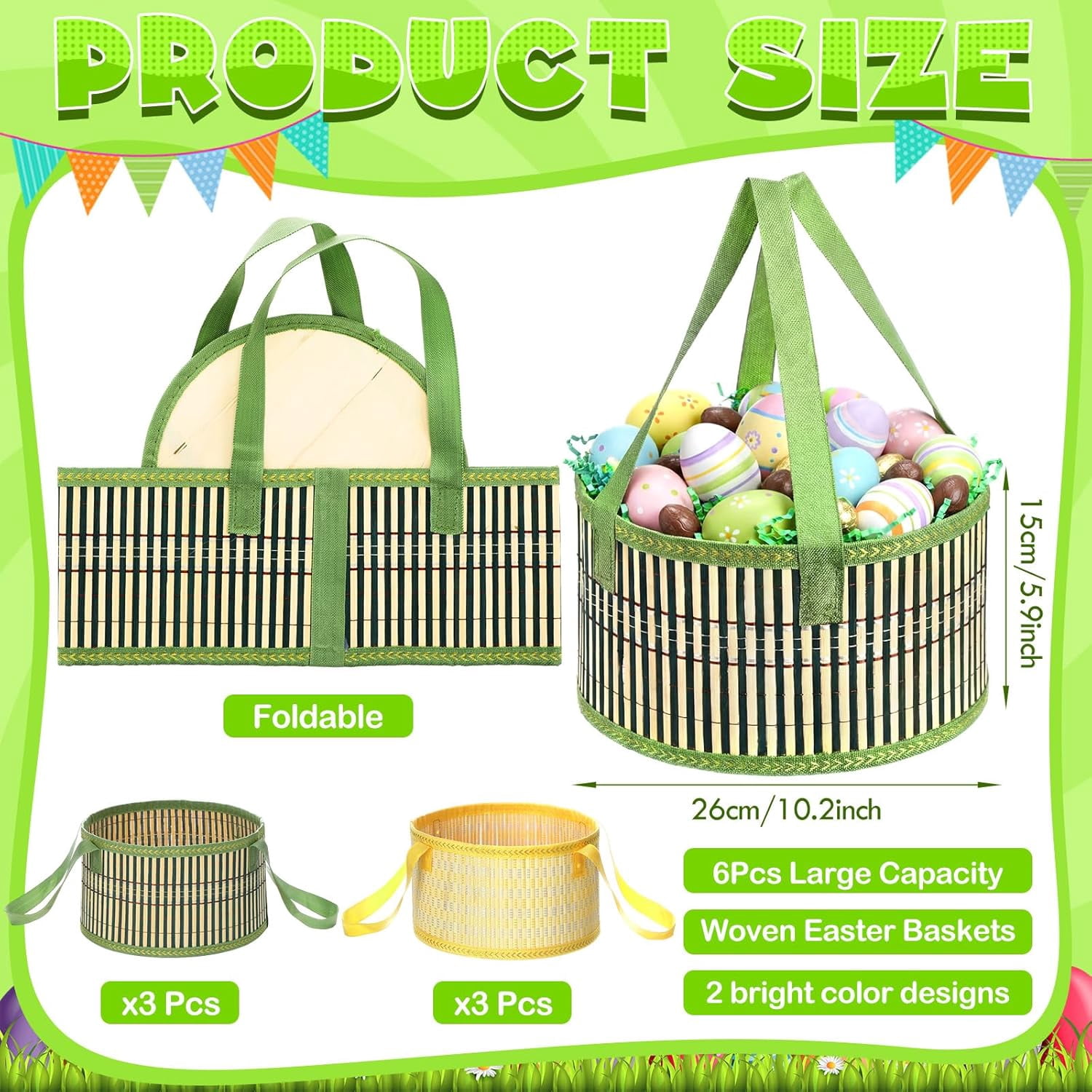 6 Pcs Foldable Easter Woven Bamboo Baskets Empty 10 x 6 Inch Large Basket Bulk Set with Handle for Easter Egg Spring Picnic Hunt Party Favor(Yellow,Green)