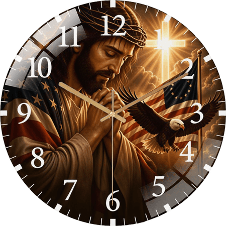 12 Inch Christian- Cross- American Flag- Glass Wall Clock For, Party Bedroom Home Wall Decor, Birthday Gift