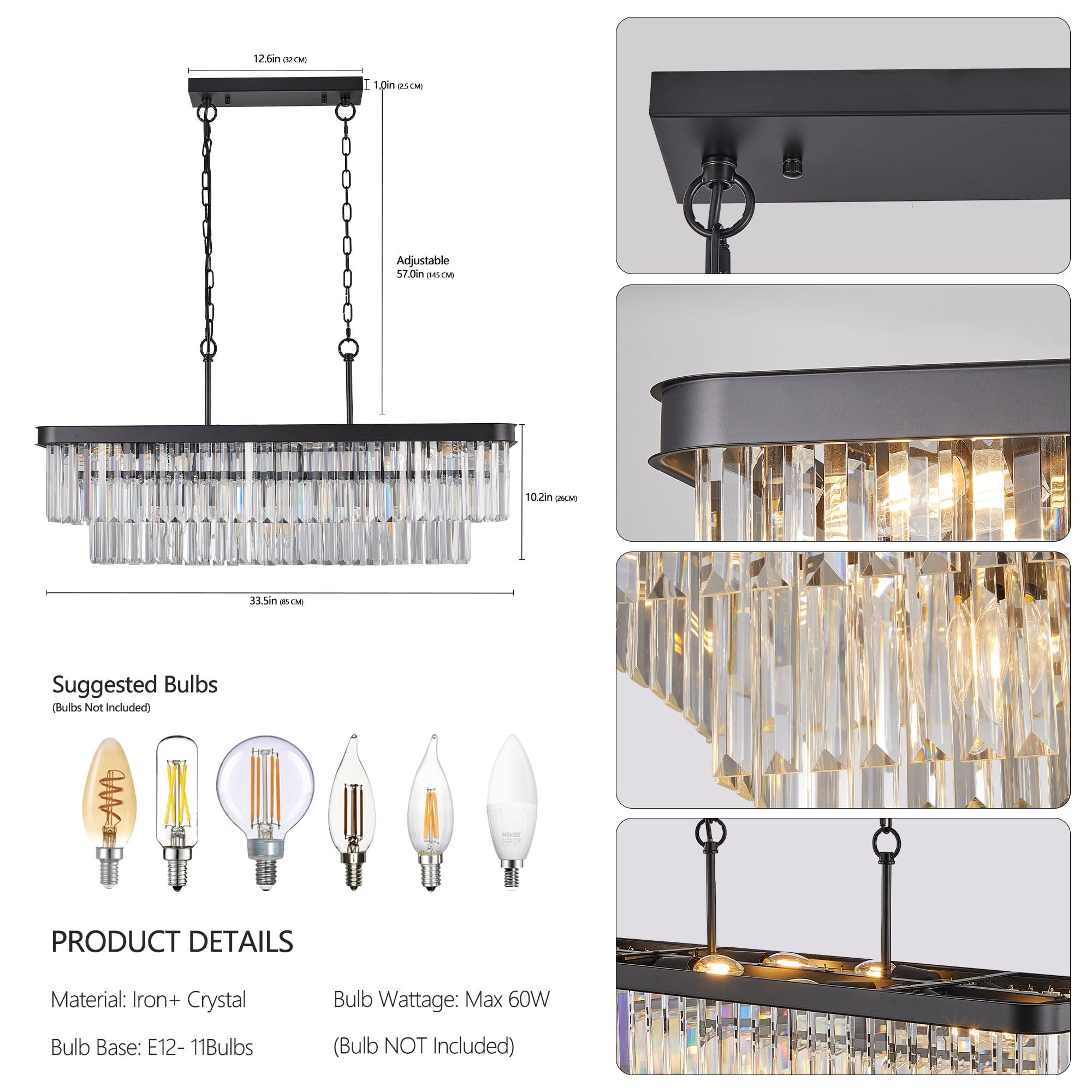 Crystal Chandelier, 11-Light 33.5in Black Modern Farmhouse Chandeliers Dining Room Lighting Fixture, Adjustable Rectangle Hanging Ceiling Light for Living Room,Pool Table Light, Kitchen Island
