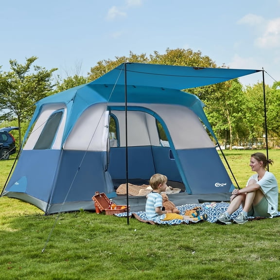 PORTAL 6 Person Camping Tent with Porch, Family Camping Tent with Tall Height, Water Resitant Large Tent for Camping, Backyard, Blue