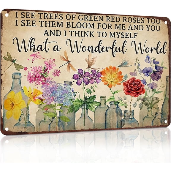 Vintage Gardening Metal Sign What A Wonderful World Flower Tin Plate for Outdoor Garden Greenhouse Yard 8x12 Inch