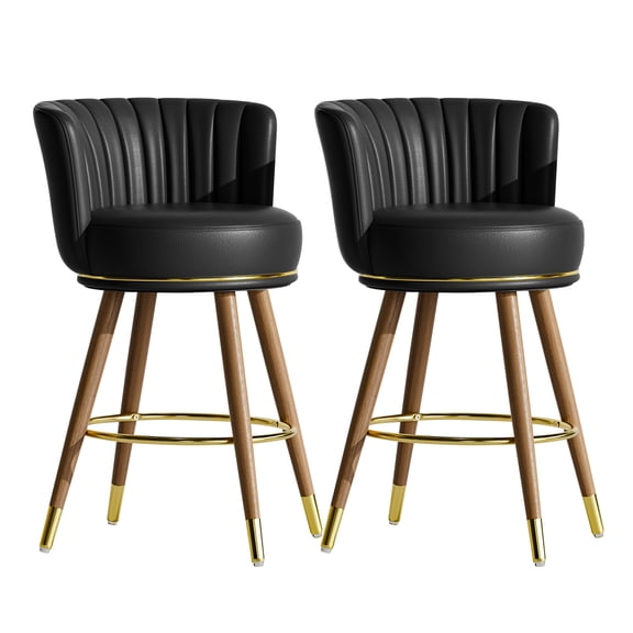 Genpo Counter Height Bar Stools, Round Seat Swivel Bar Stool Set of 2, 26 inch Low Back Leather Bar Chair with Wood Leg for Kitchen Island 300lbs, Black