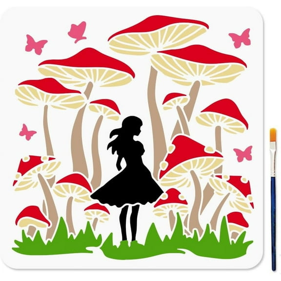 Mushroom Stencil 11.8x11.8inch Butterfly Maiden Template with Paint Brush Large Mushroom Forest Reusable Template Grassland Plant Art Stencil for Wood Fabric Wall Window DIY Craft