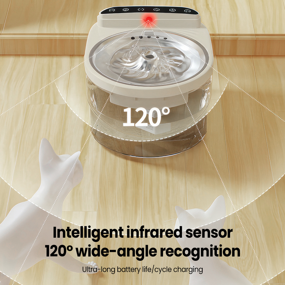 Wireless Cat Water Fountain with Motion Sensor - for Cats & Dogs - 3L Stainless Steel Pet Water Dispenser, Battery Powered, Ultra-Quiet Pump, Included 10 Filter Cottons