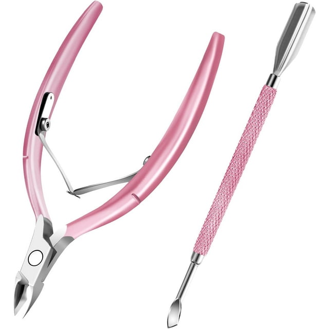 TEMOGU-Cuticle Trimmer with Pusher and Scissors, Remover Professional Durable Pedicure Manicure Tools, Stainless Steel Cuticle Nipper Cutter Clipper Nail Tools (Pink Pusher)