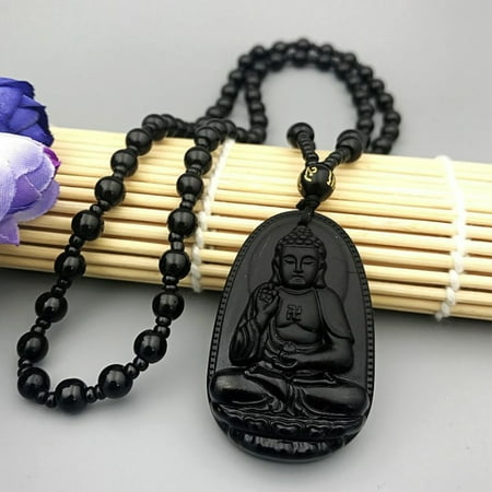 Obsidian Stone Buddha Beads Chain Necklace Imitate Jade Buddhism Bodhisattva Amulet Talisman Jewelry For Women Men Protect Lucky