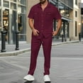 thumbnail image 2 of Wyobmus Two Piece Sets for Men Going Out Outfits Solid Color Waffle Knitted Tracksuit Short Sleeve Turndown Collar Tops Drawstring Waist Casual Pant S-3Xl Burgundy, 2 of 5