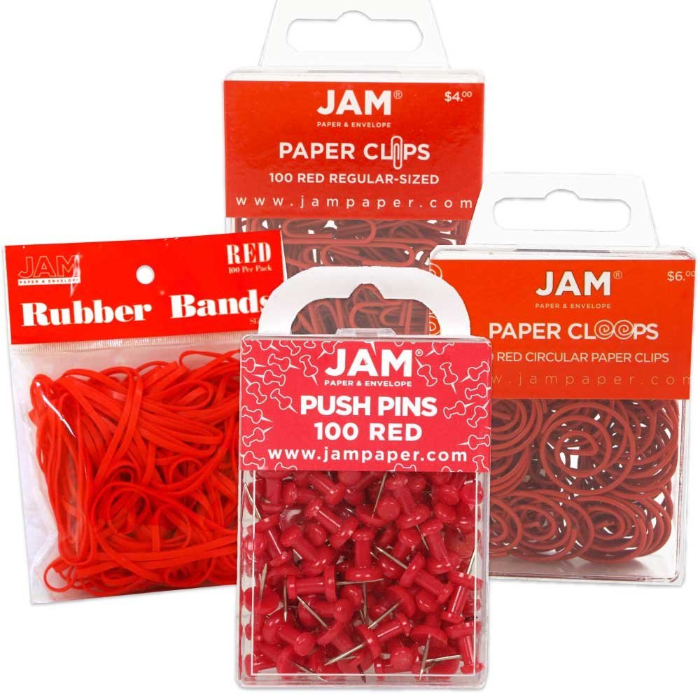 JAM Office Supply Assortment, Red, 4/Pack, 1 Rubber Bands, 1 Push Pins