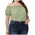 thumbnail image 2 of Women's Plus Size Strapless Off The Shoulder Ruched Trim Short Sleeves Solid Color Sexy Summer Tops Blouse Tunics, 2 of 8