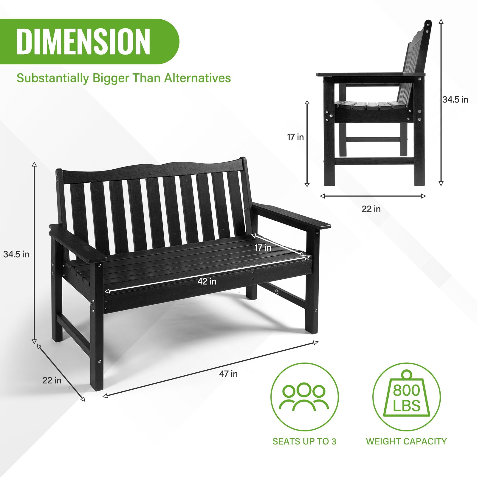 Backyard Expressions Poly Patio Bench (800 Lb Capacity) – Weatherproof Outdoor Bench, Low Maintenance, Heavy-Duty Recycled Material – Ideal for Porch, Patio & Park (Black Woodgrain Look)