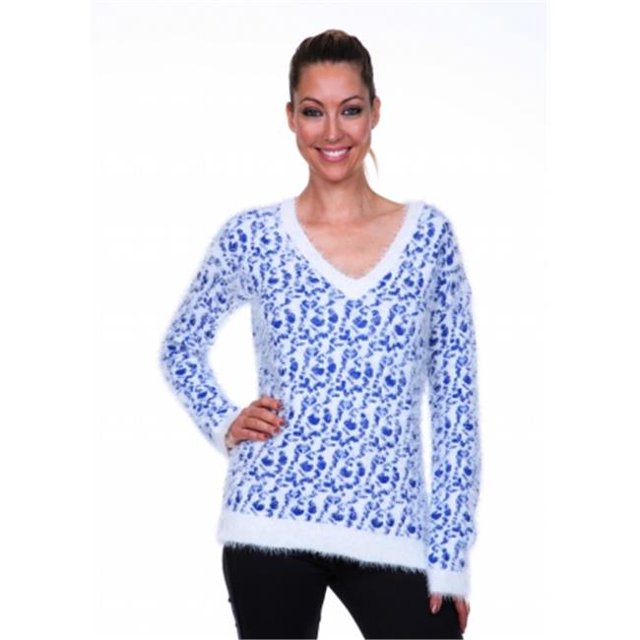 White Mark Universal 696-Blue-M Leopard Sweater - Blue - White - Medium