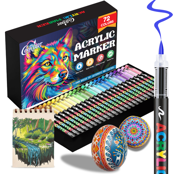 COORIART 72 Colors Acrylic Paint Markers, Soft Brush Tip Pens, Automatic Ink Control No Bleed Markers Set for Wood, Stone, Canvas, Glass, Fabric, Egg, Rock Painting and DIY