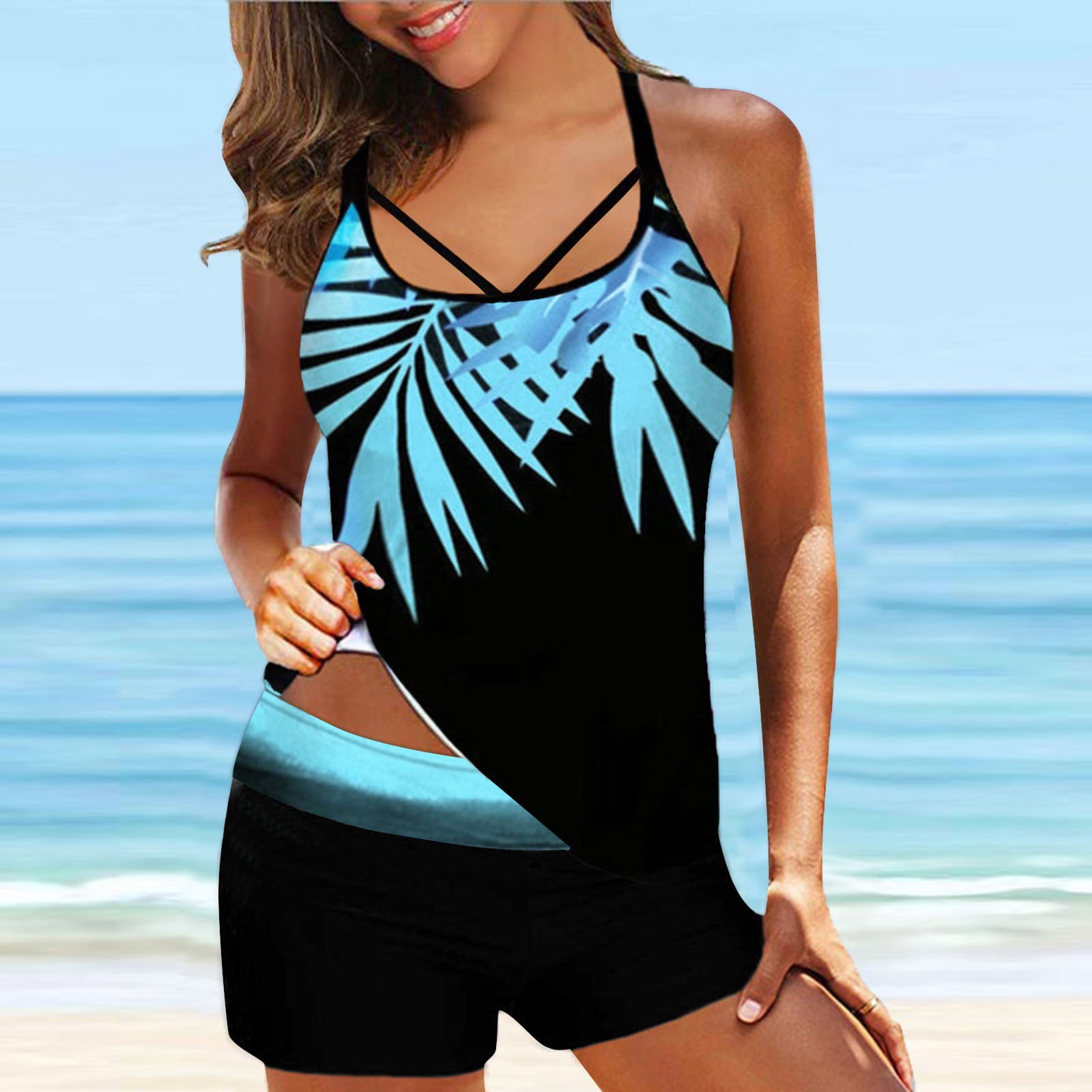Swimsuit for Women,Womens Plus Size Print Strappy Back Tankini with Boyshorts Two Piece Swimsuits Beachwear
