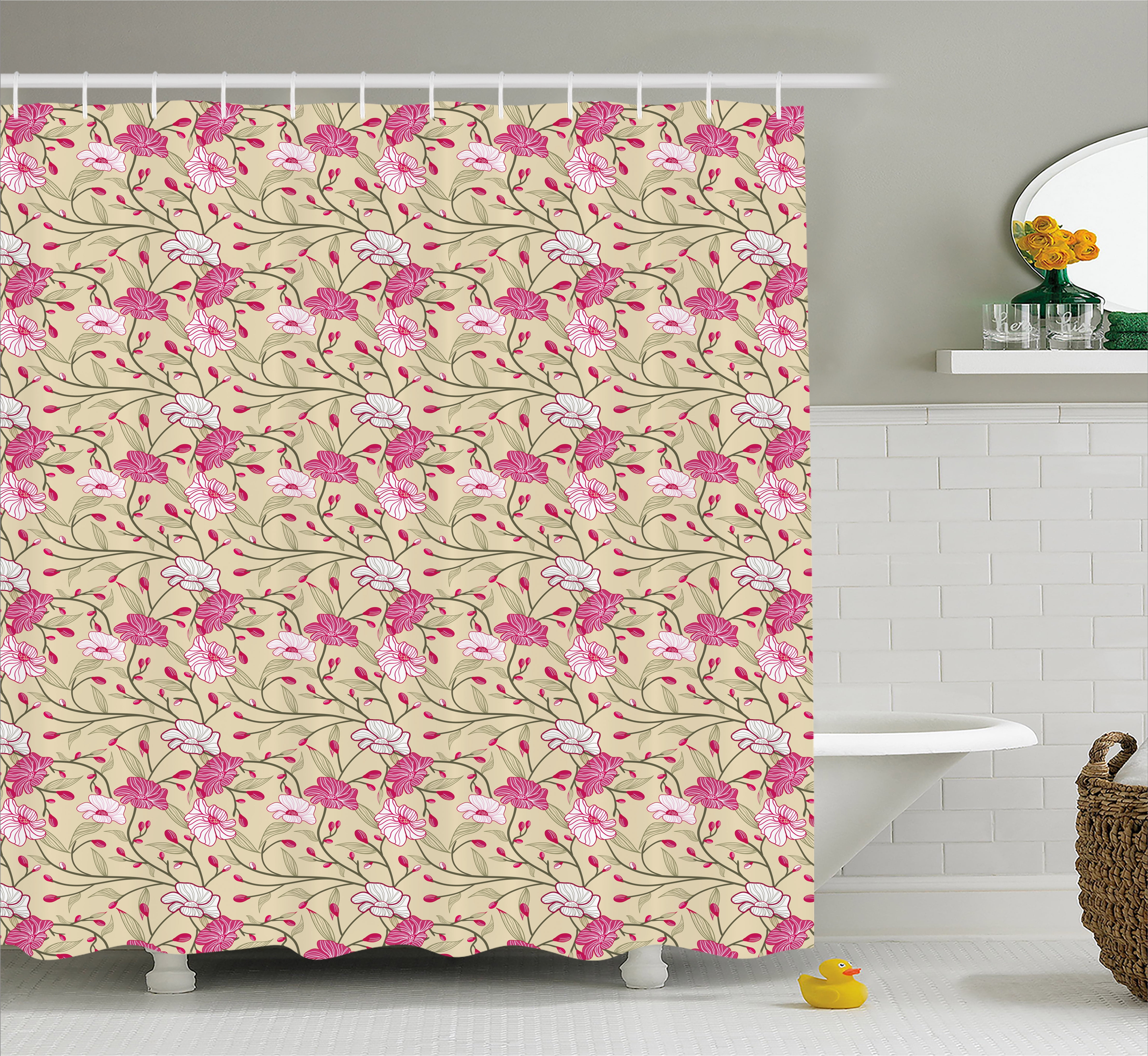 Beige Shower Curtain, Floral Pattern Abstract Chinese Foliage