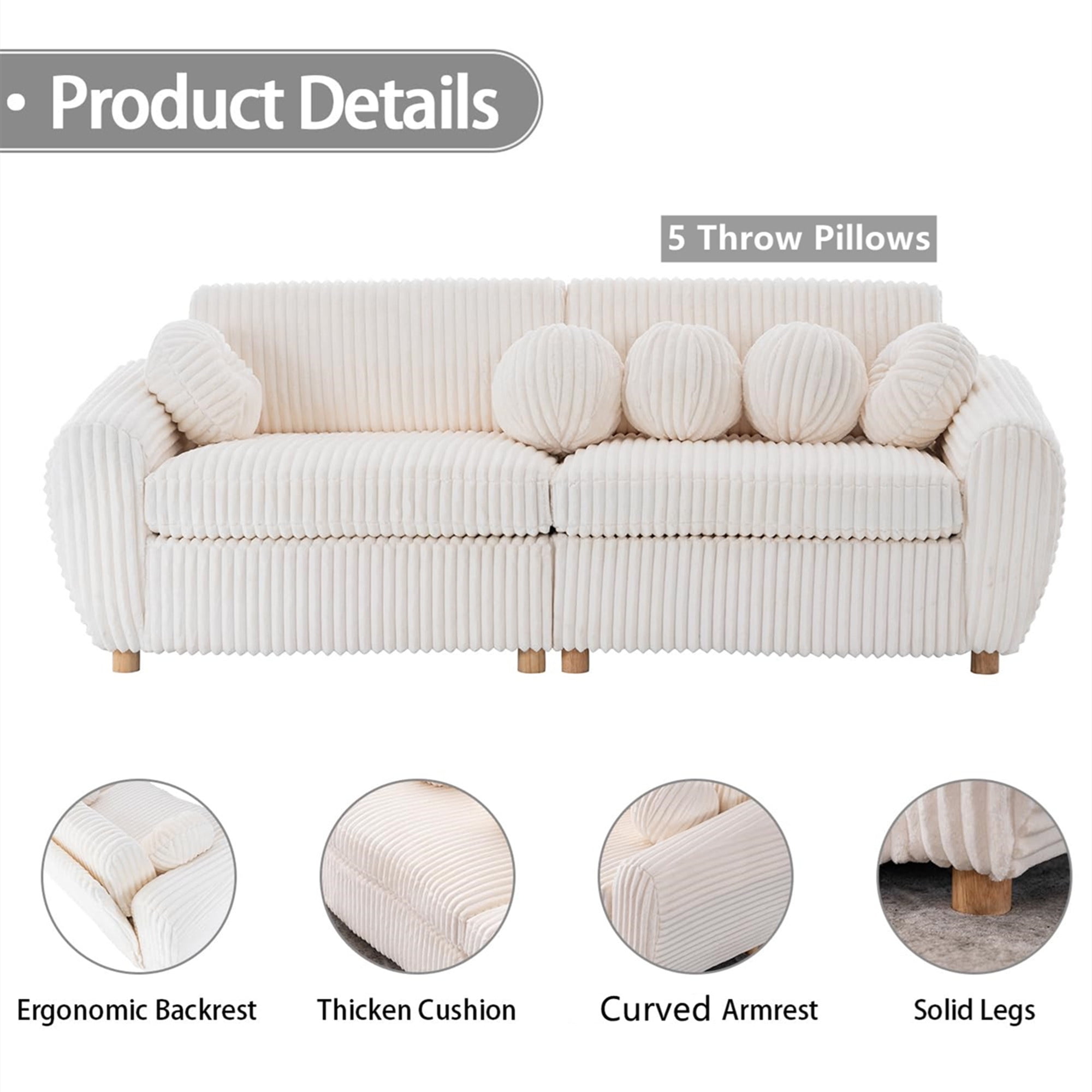 Aukfa 85" Modern Comfy Sofa, Upholstered Deep Seat Couch for Living Room, 5 Pillows, Corduroy, Beige