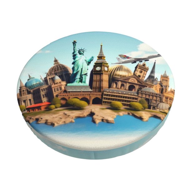 Balery Iconic Global Landmarks Fundas de asiento para taburete de bar redondo de tela de terciopelo ajustables que protegen de arañazos y manchas para sillas de 14 a 17 pulgadas.-13 inch