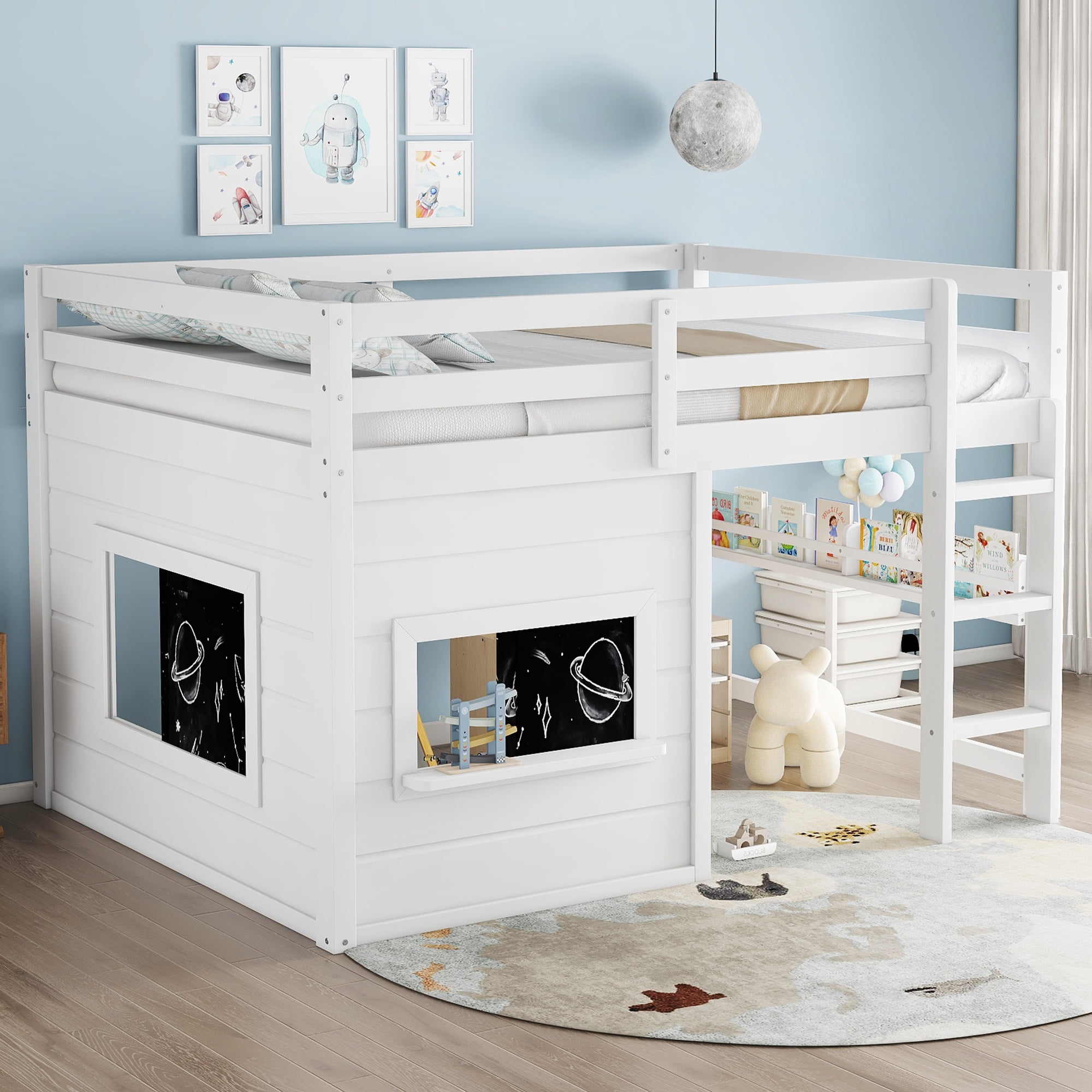 Leumius Full Size Loft Bed with Storage Shelves,Solid Wood Low Loft Bed Frame with Chalkboard and Bookshelf,Space Saving,White
