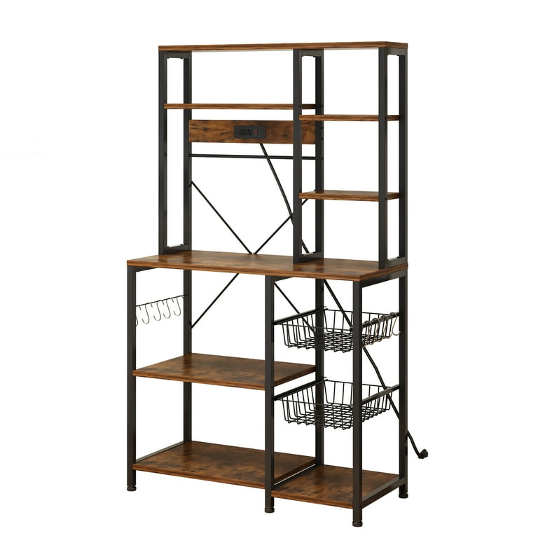 Ktaxon 6 Tier Bakers Rack for Kitchen with Storage Shelf and Power Outlet Microwave Oven Stand Coffee Bar Station Rustic Brown