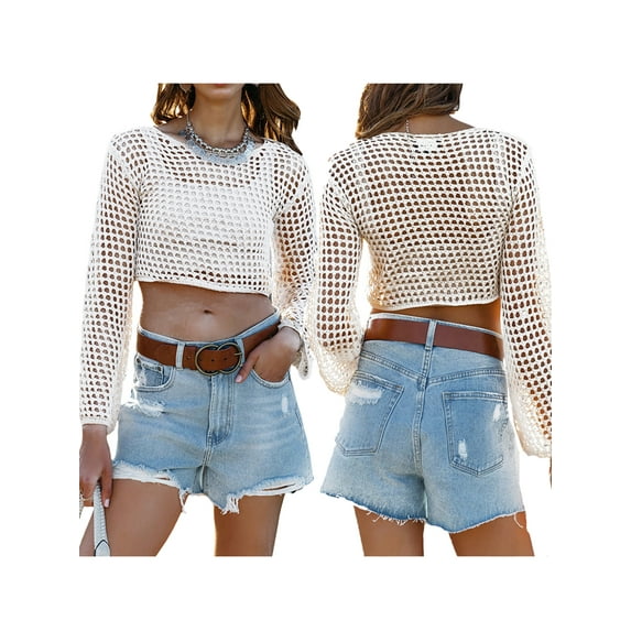 KelaJuan Women Knitted Crochet Cutout Tops Sheer Blouse Long Sleeve Crop Shirt Summer Cover Up Clubwear