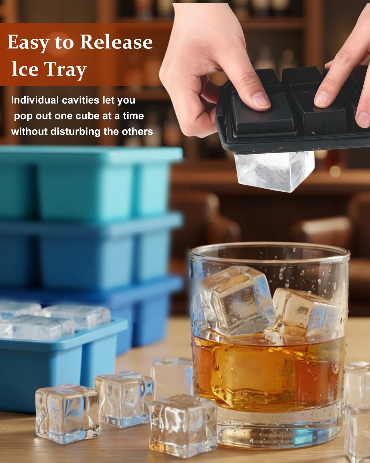 Large Silicone Ice Cube Trays With Lids  3 Pack Molds For Easy-release 2 Inch Square Big Freezer Iced Coffee Food Dishwasher-safe