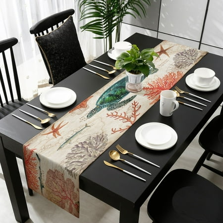 

Nautical Theme Sea Turtle Retro Map Table Runner Modern Linen Cotton Table Cloth Decoration For Home Wedding Christmas Party -72x13 inches