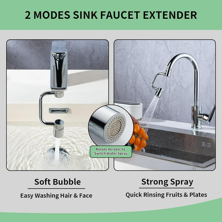 Rotatable Faucet Aerator, 1080° Swivel Faucet Extender, U Shaped Faucet Extender Bathroom Sink Adjustable Robotic Arm 2 Spray Modes Fits 15 16 55 64 Thr
