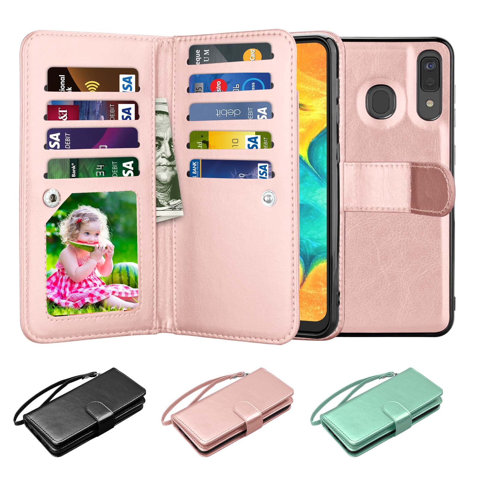 Ultra Slim PU Leather Wallet/Folio Notebook Black Magnetic Closure Kickstand Soft TPU Full Cover Compatible Samsung Galaxy A30/A20 Phone Galaxy A30/A20 Flip Case with Card Holder