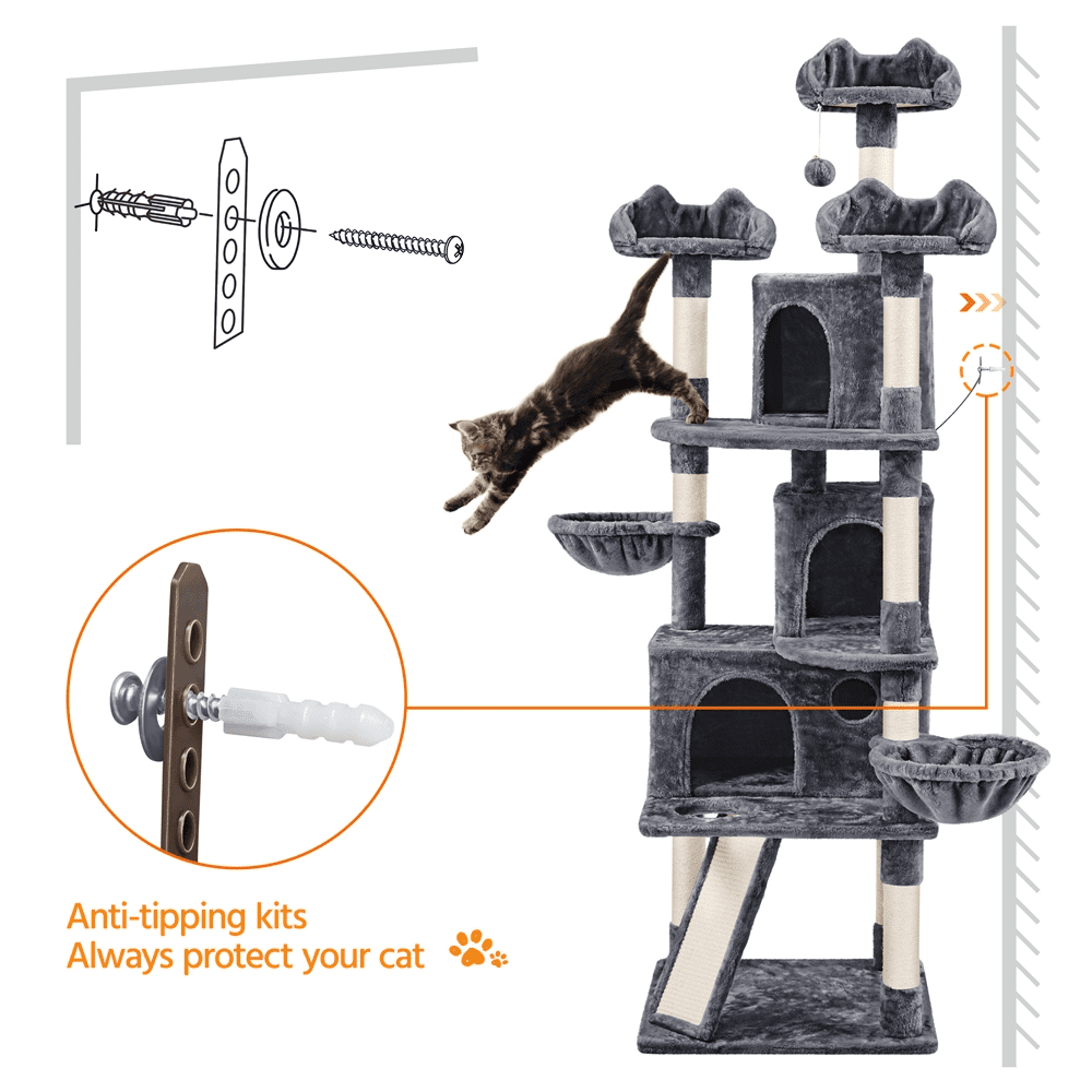 Alden Design 76.5" H Large Cat Tree Tower with 3 Condos Cozy Perches Dangling Ball, Dark Gray