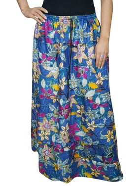 Mogul Womens Blue Long Skirt Floral Print Cotton Blend Tiered Elastic Waist A-Line Boho Chic Skirts