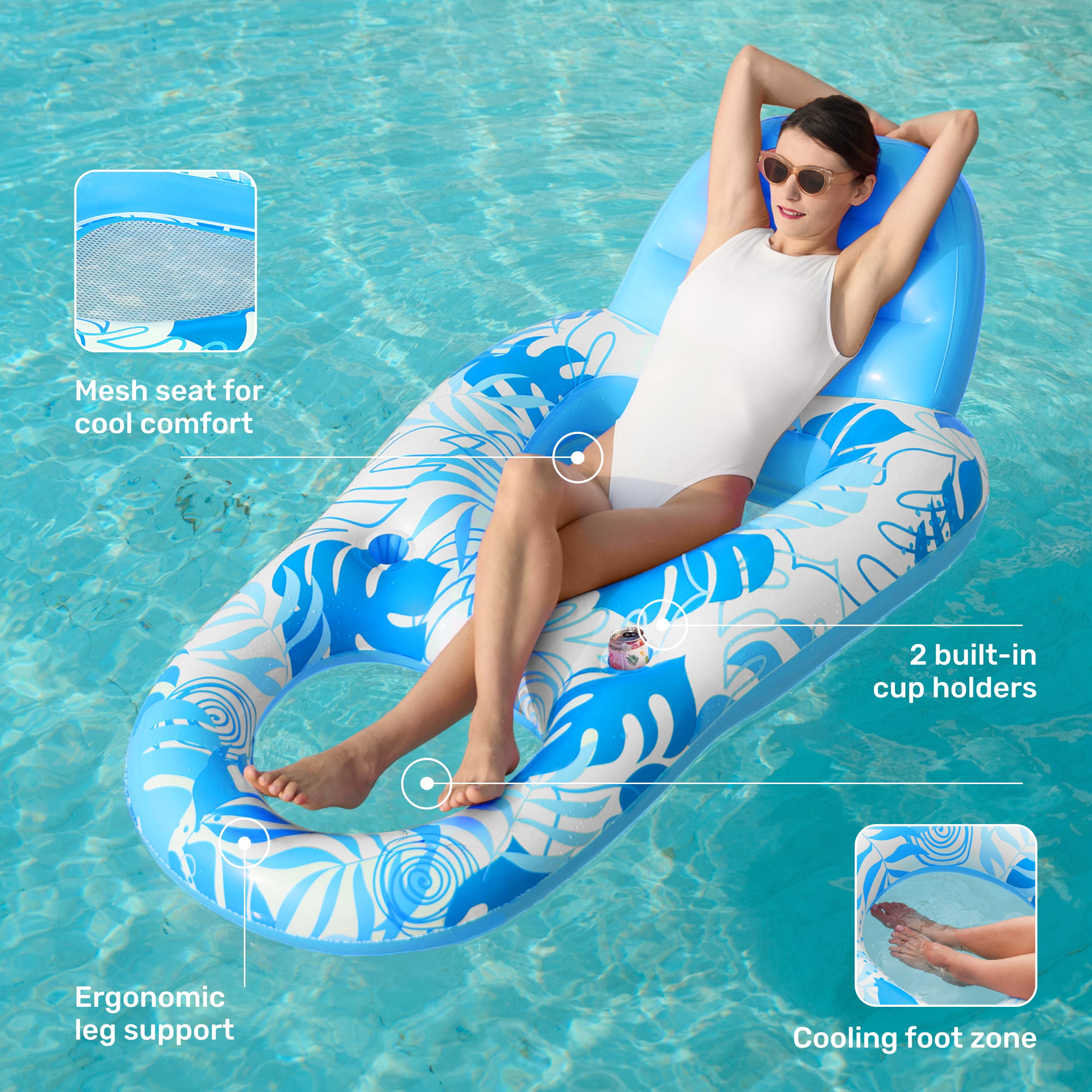 Joyfy Pool Lounge Float Adult, Inflatable Pool Floats Lounger Raft Floaties Water Floating Recliner Chair with Cup Holders Foot Rest Swimming Pool Floaty