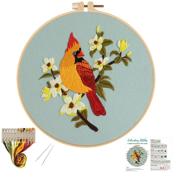 VOCHIC Cardinal Embroidery Kits for Beginners with Bird Floral Pattern,Cross Stitch Kit for Adults DIY Needlepoint Kits with Embroidery