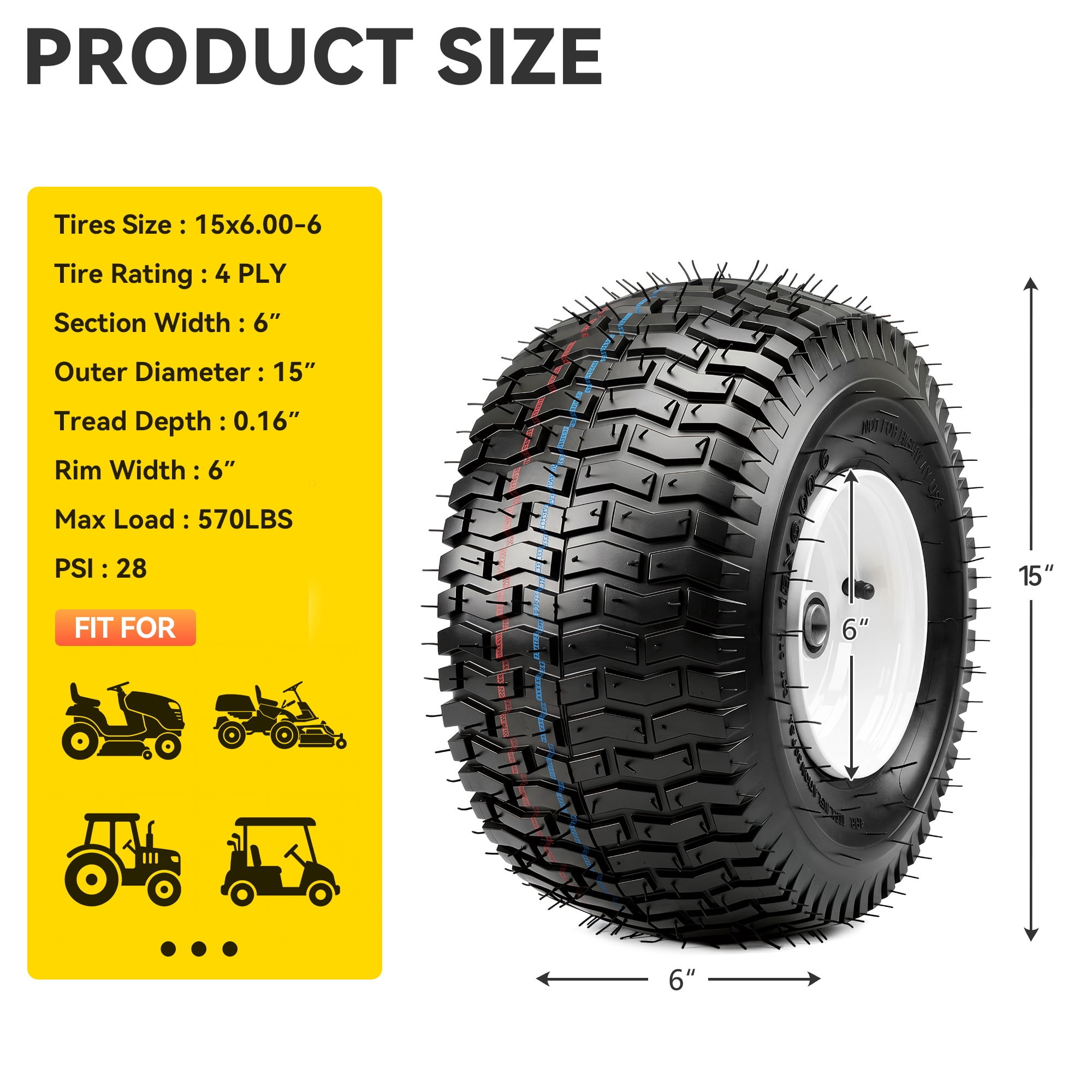 Uforic 15x6.00-6 Flat Free 4 Ply Lawn Mower Tire Wheel Set of 2, 3" Centered Hub 3/4" Bearings Replacement for John Deere Riding Tractors