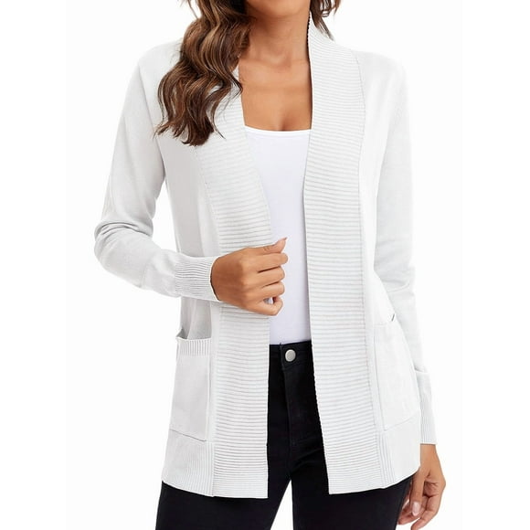Women'S Open Front Knit Cardigan Sweater Long Sleeve with Pocket White XL
