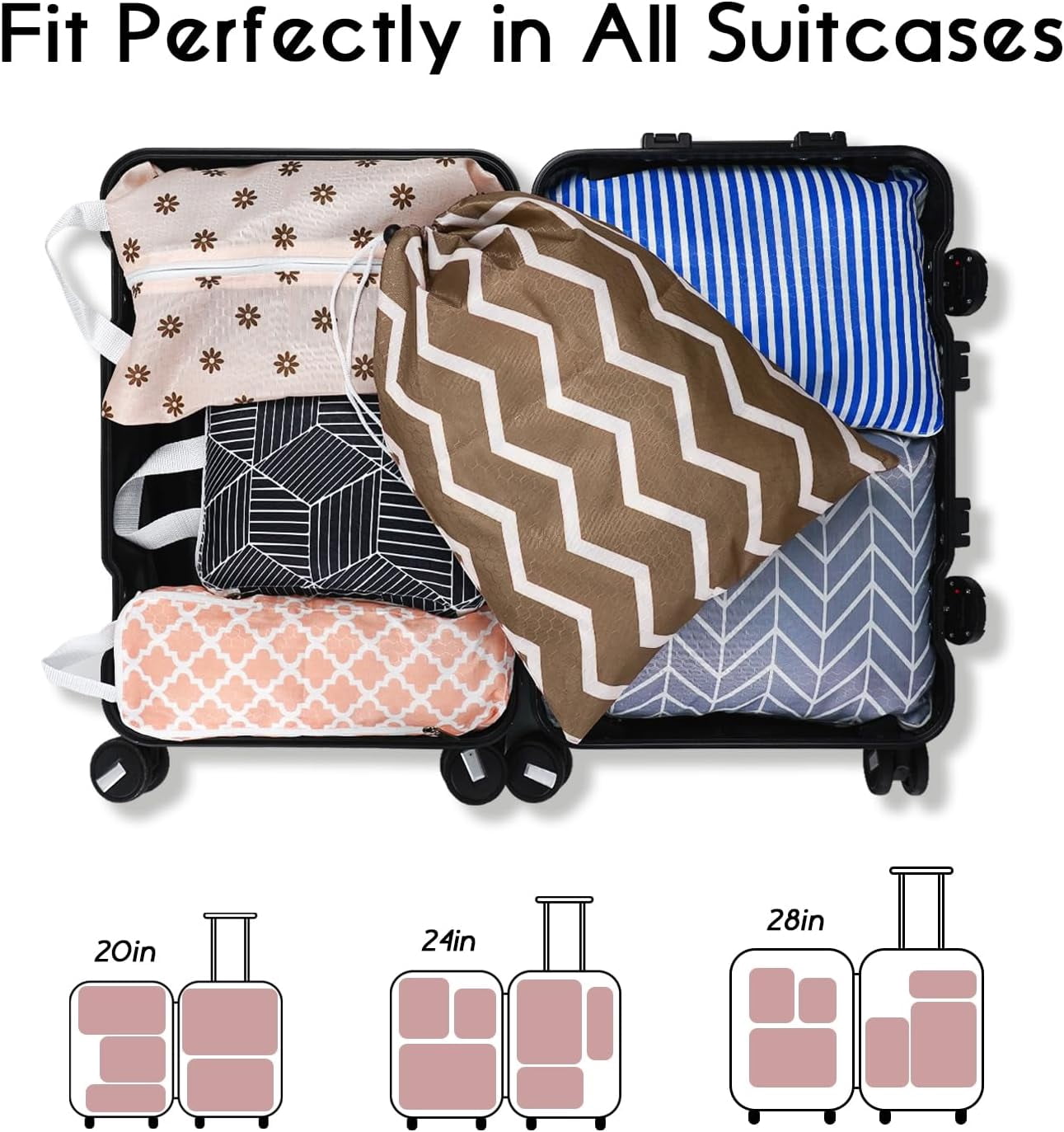 6 Set Compression Packing Cubes for Travel,Bohemia Packing Cubes for Suitcase Luggage Organizer Bags,Travel Essentials for Carry on Backpack,Ultralight and Waterproof(Boho Geometric Stripe)