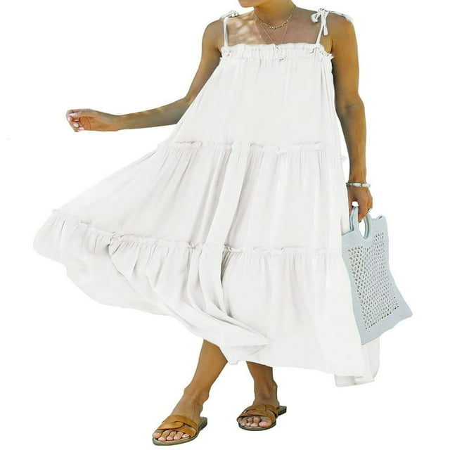 PENGXIANG Femmes d'Été Spaghetti Sangle Longue Maxi Robe Haut Bas Robe à Volants Étagée en Vrac Plage Fluide Robe Longue Abricot XL
