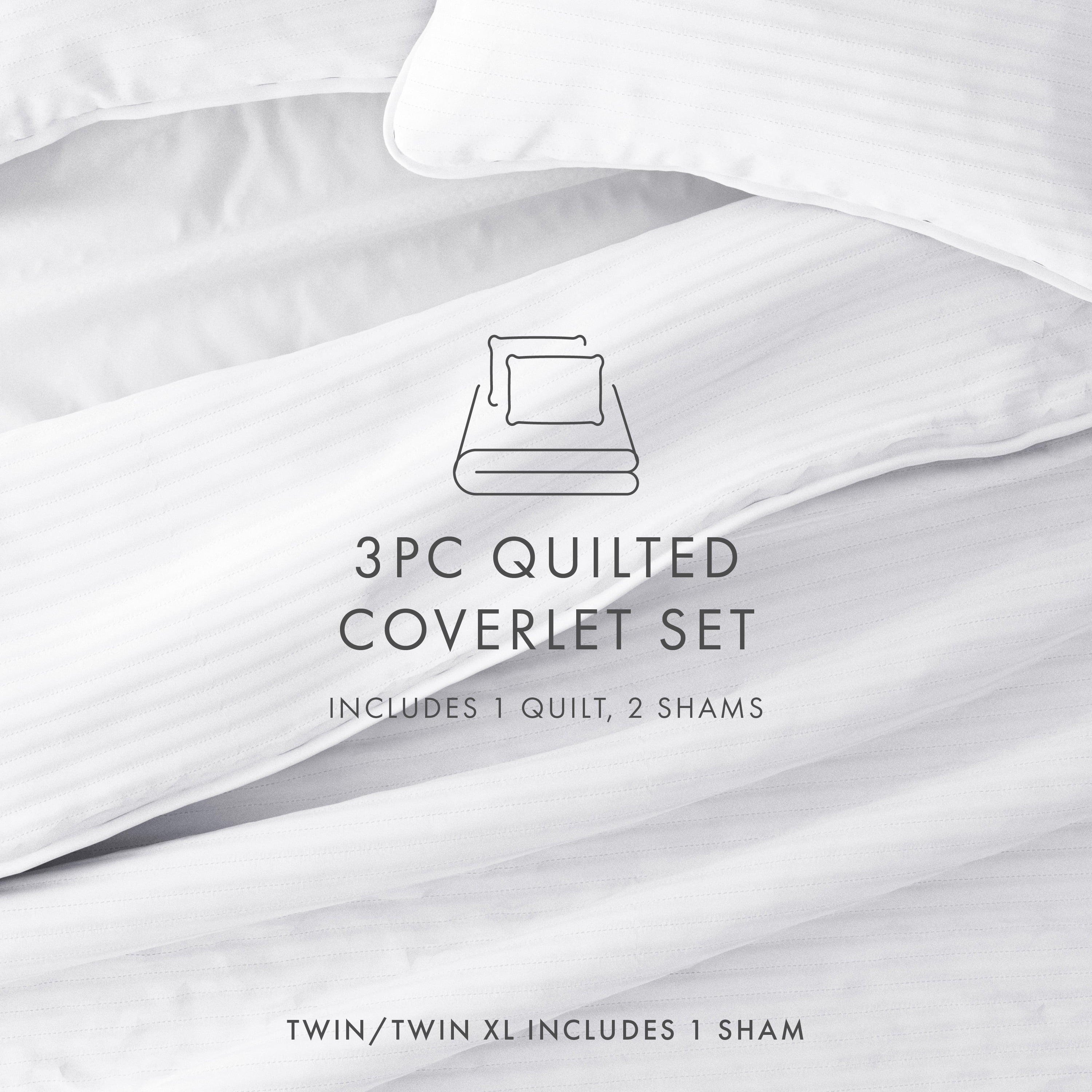 Noble Linens 3 Piece White Stripe Stitch Quilt Set, Queen / Full