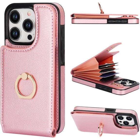 Compatible with iPhone 15 Pro Case Wallet with Card Holder, 360°Rotation Finger Ring Holder Kickstand, RFID Blocking Leather Protective Double Buttons Shockproof Cover 6.1 Inch Rose Gold