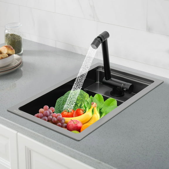 Modern Drop in Bar Sink, Single Bowl Kitchen Sink with Foldable Faucet, Black Nano 304 Stainless Steel Utility Sink for Compact Kitchen Commercial Hotel RV Laundry