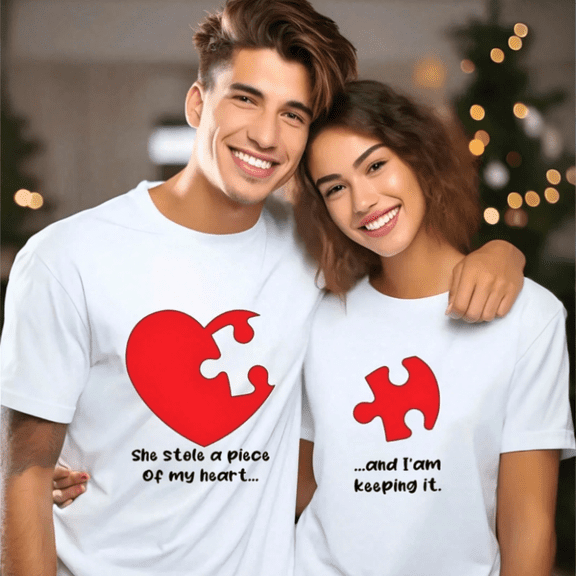 Funny Heart Puzzle Matching Couple T-Shirts, "She Stole A Piece Of My Heart And I'm Keeping It" Tees, Romantic Couple Gift (Men S)