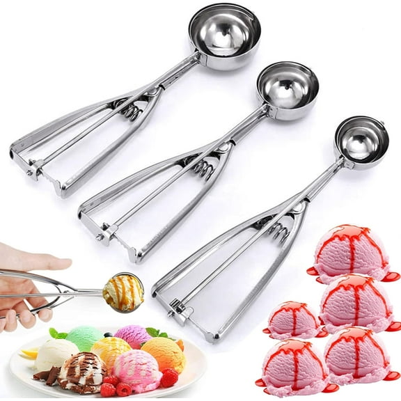3Pcs Cookie Scoop, Ice Cream Scooper set with Trigger, Small, Medium and Large Stainless Steel Cookie Scoops for Baking, Ergonomic Handle Cookie Dough Scoop
