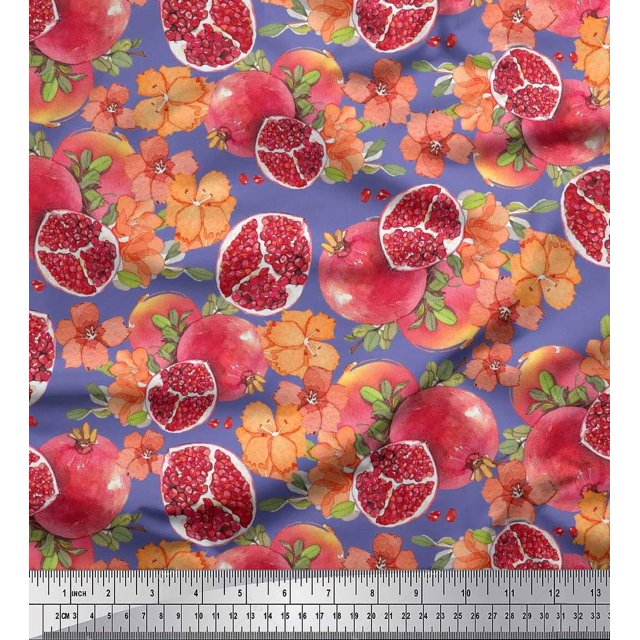 Soimoi polyester Crepe Fabric Leaves,Floral & Pomegranate Fruits Printed Fabric 1 Yard 52 Inch Wide