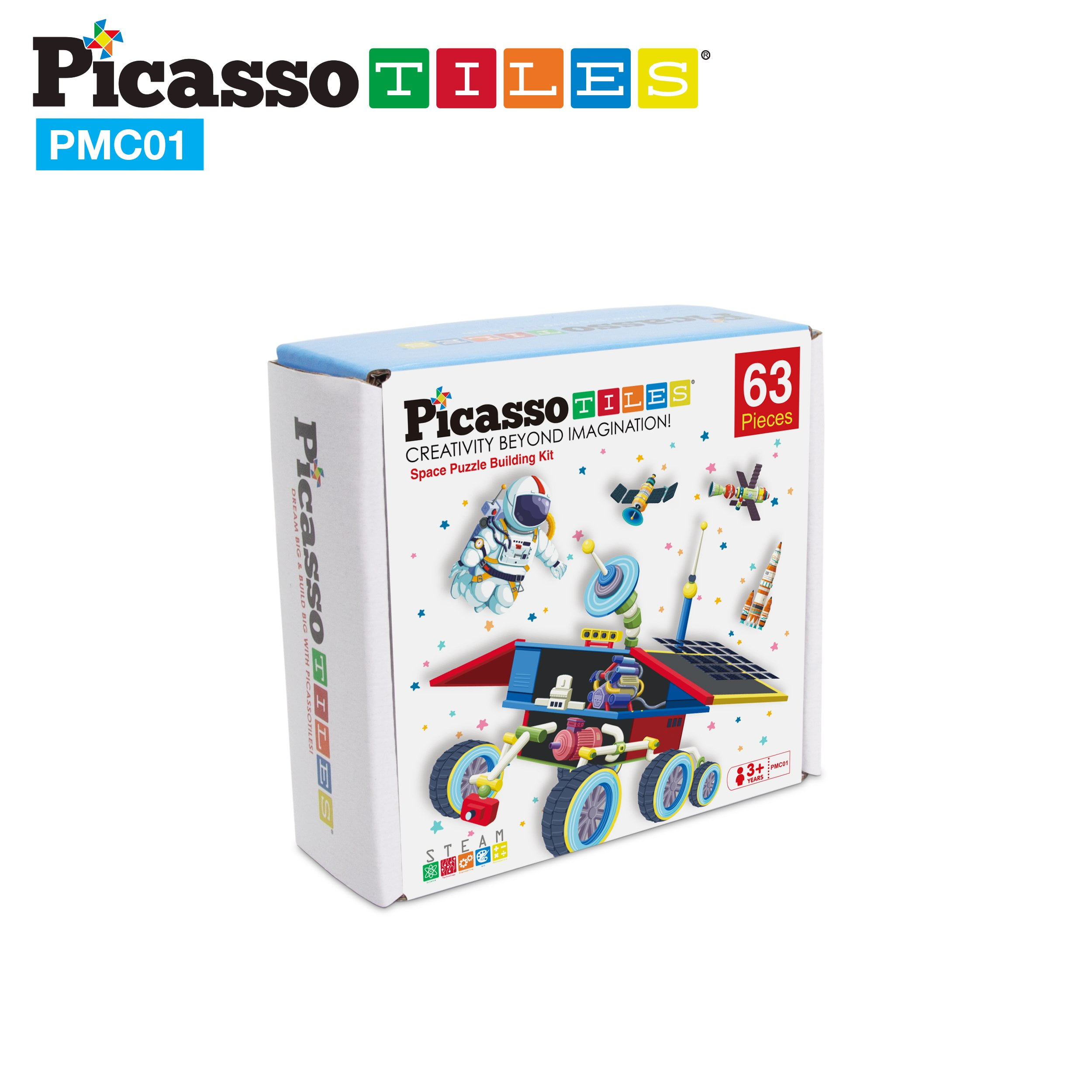 PicassoTiles 63 Piece Dinosaur Magnetic Cube Mix & Match Sensory Toy Kit PMC63