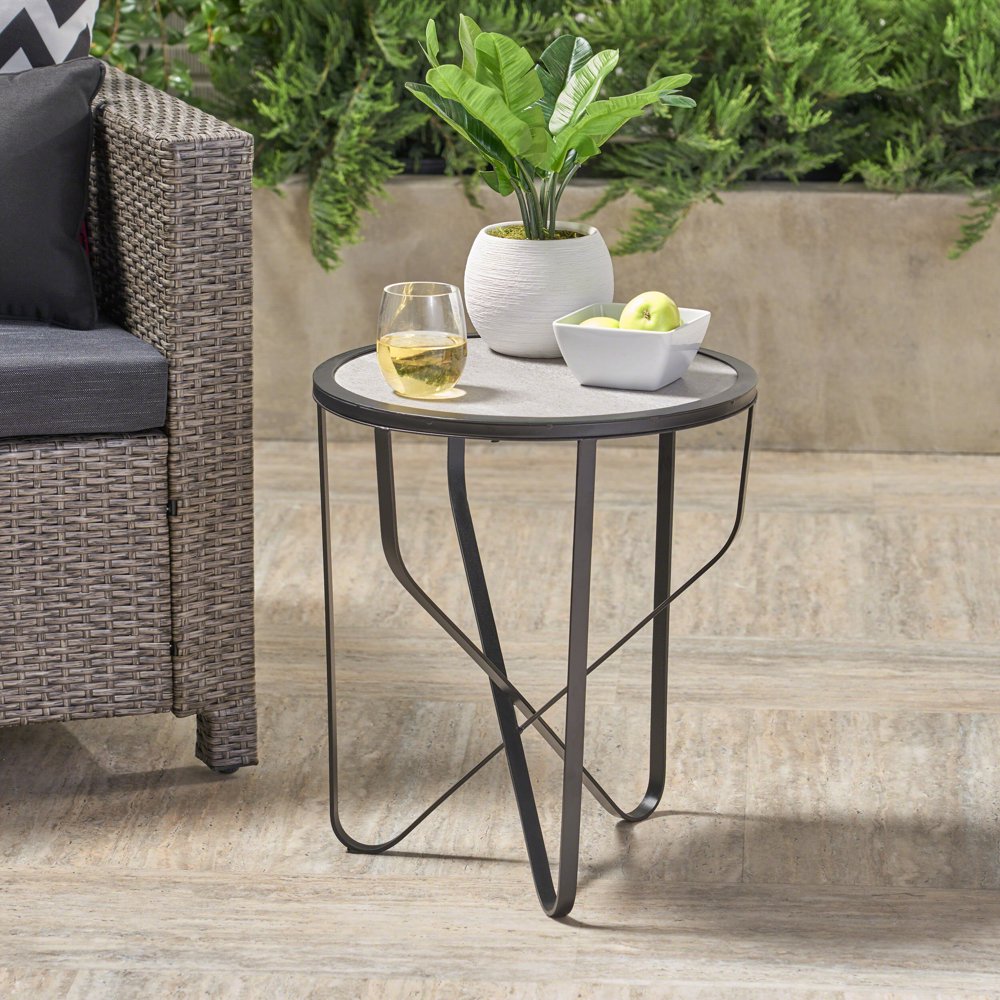 Outdoor 18 Inch Finish Ceramic Tile Side Table,Grey