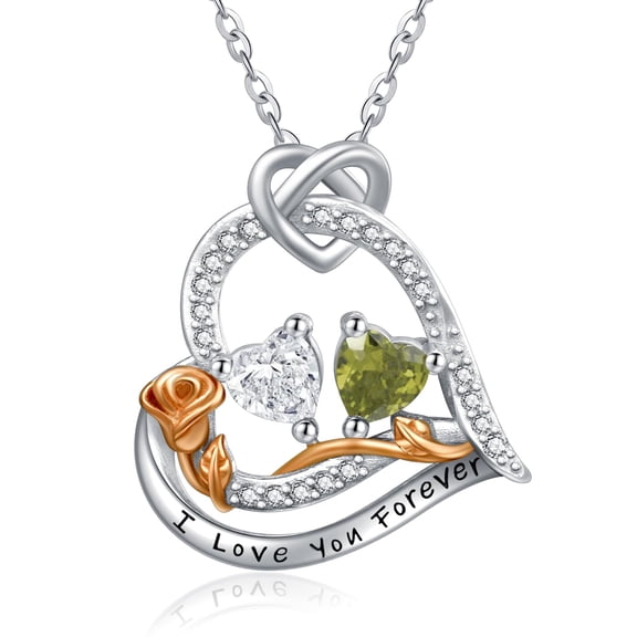 TANGPOET Sterling Silver Rose Heart Necklaces Pendant Jewelry CZ Peridot April August Birthstone Necklace Anniversary Jewelry Gifts for Women