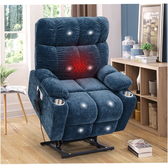 Blue Fabric Power Lift Recliner Chair with Dual Motor, Infinite Position Recline, Heat and Vibration Massage for Elderly