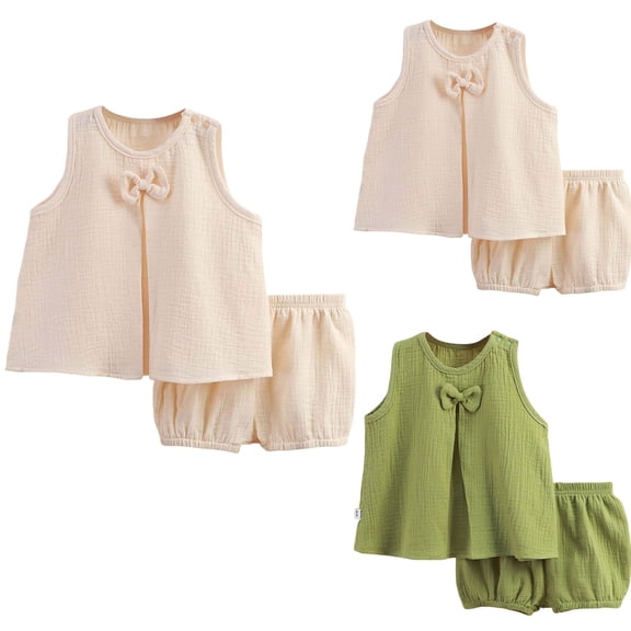 Faraee Toddler Baby Girl Outfit Summer Sleeveless Tops Bloomer Shorts 2 Piece Set Kids Cotton Linen Beach Casual Clothes 2t 3t 4t 5t 6t 7t Beige