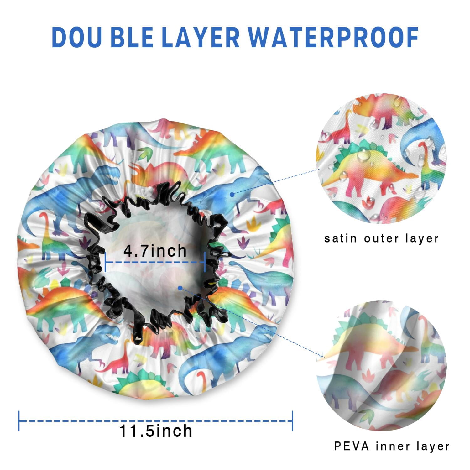 Shower Caps,White Cartoon Watercolor Dinosaurs Pattern Waterproof Shower Cap for Women 4 Pieces,Double Reusable Hair Cover for Shower PEVA Elastic Stretch Hem