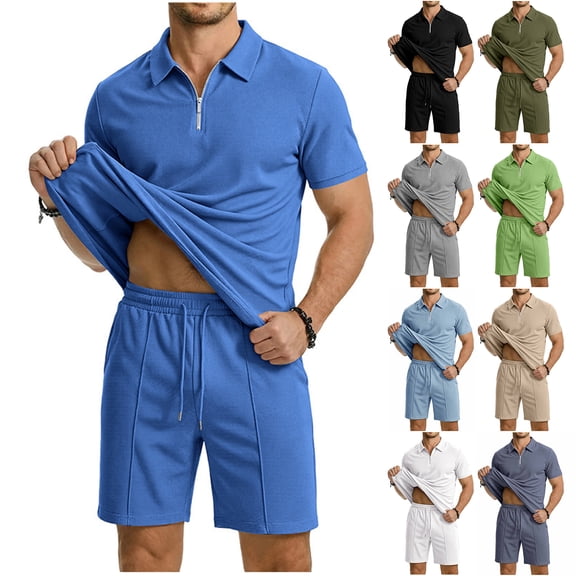 Havenre Men's Waffle Knit 2 Piece Outfits Summer Casual Half Zipper V Neck Collared T-Shirts and Drawstring Elastic Waist Atheltic Short Pants Set Fashion Tracksuits Navy XXL