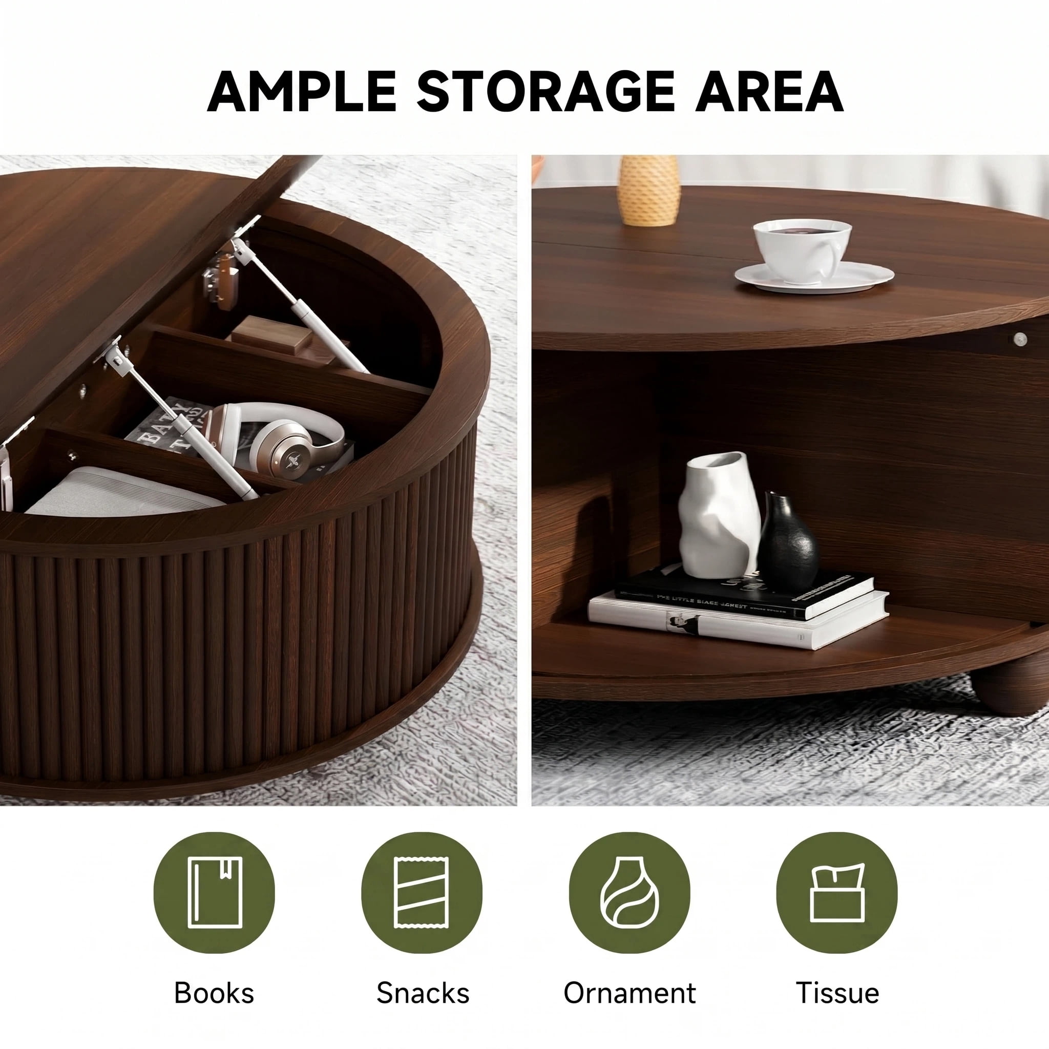 AISWORD 31.5" Fluted Round Coffee Table with Storage, Mid Century Modern Lift Top Drum Accent Table for Living Room Small Space, Walnut
